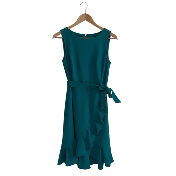 Calvin Klein ruffle sheath dress tie waist flounce hem size 4 teal - Picture 11 of 13